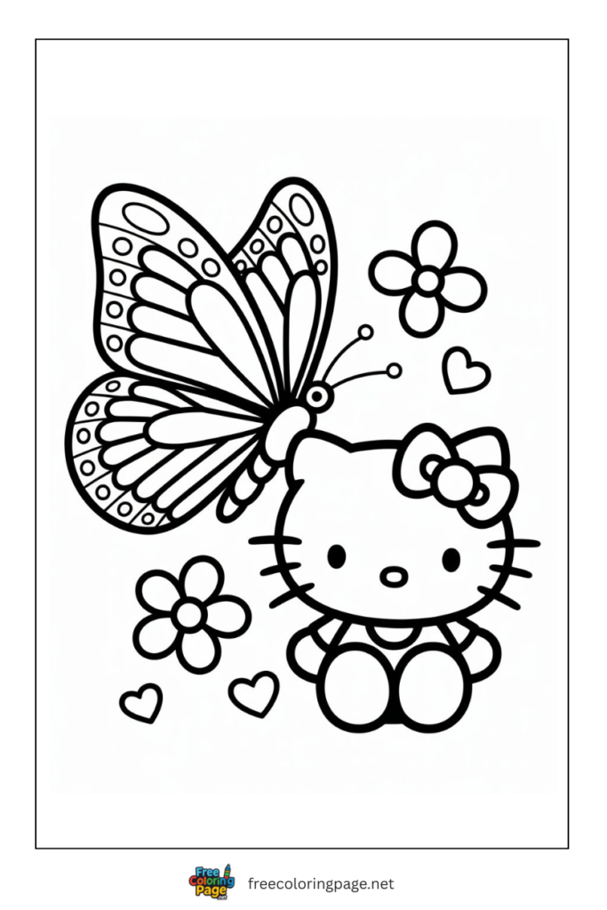 coloring page of butterfly sitting on hello kitty