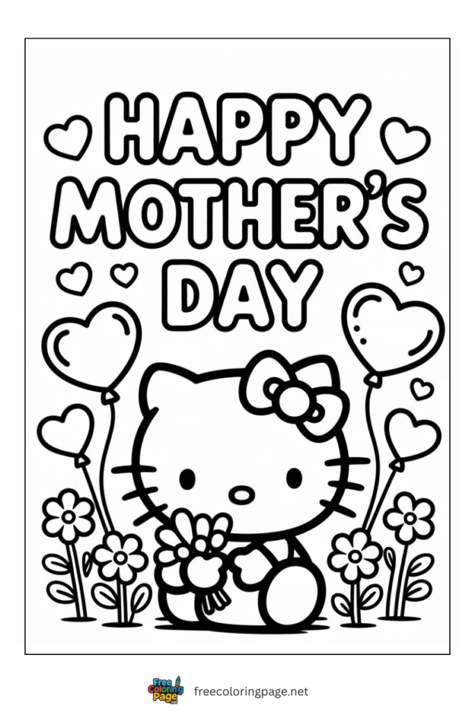 coloring page of happy mother's day celebration with hello kitty