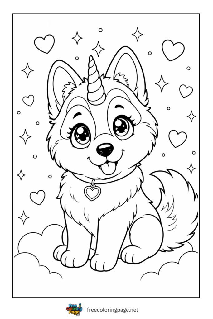 coloring page of cute kawaii unicorn puppy