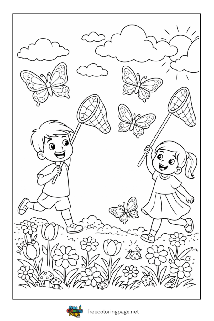 coloring page of kids playing with butterflies