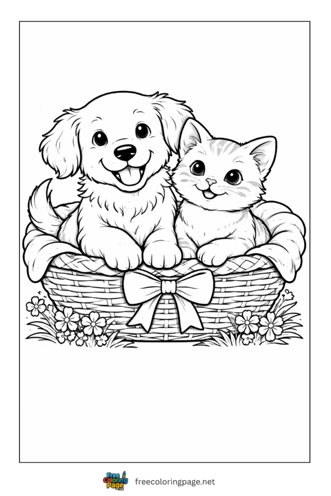 coloring page of puppy and kitty in a basket
