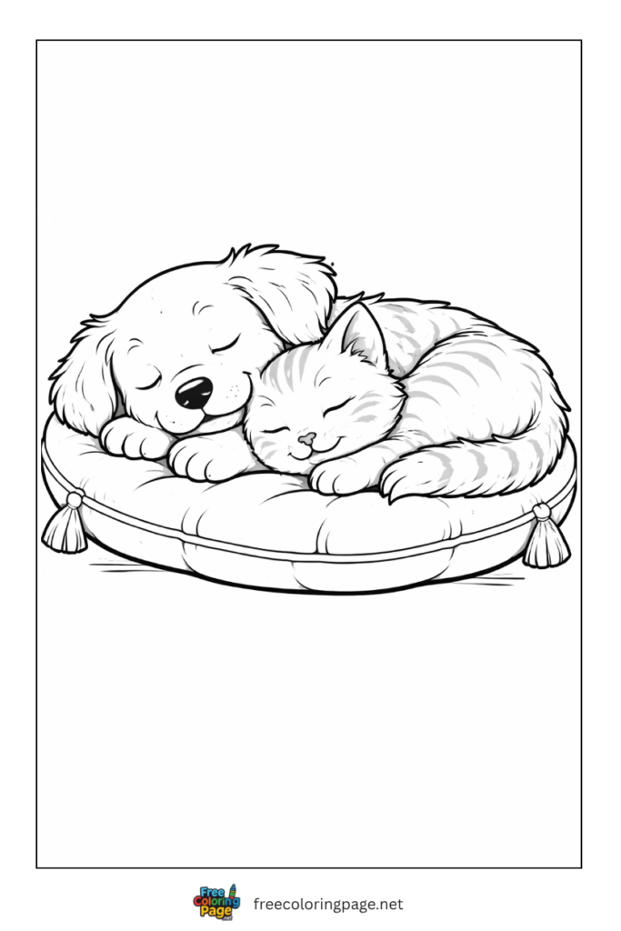 coloring page of puppy and kitten sleeping