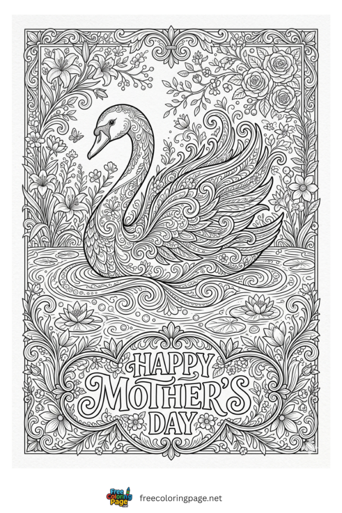 coloring page of mother's day beautiful mother swan design
