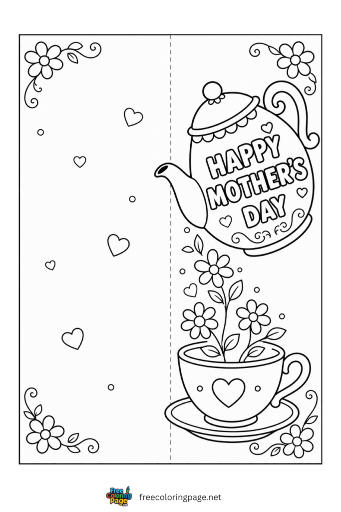 coloring page of mother's day card flower pouring 