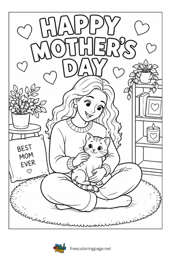 coloring page of mother's day mom is with her kitty