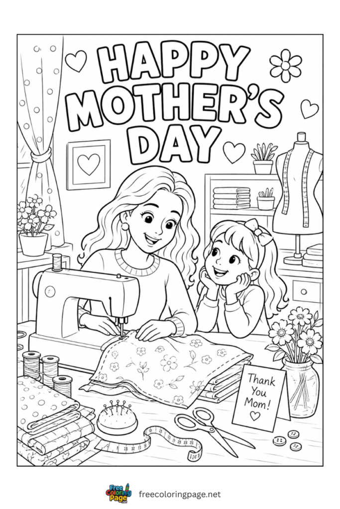 coloring page of mother's day sewing activity