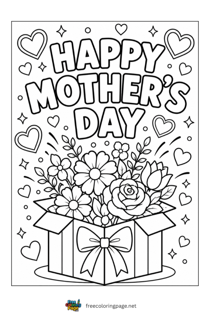 coloring page of happy mother's day flowers in box