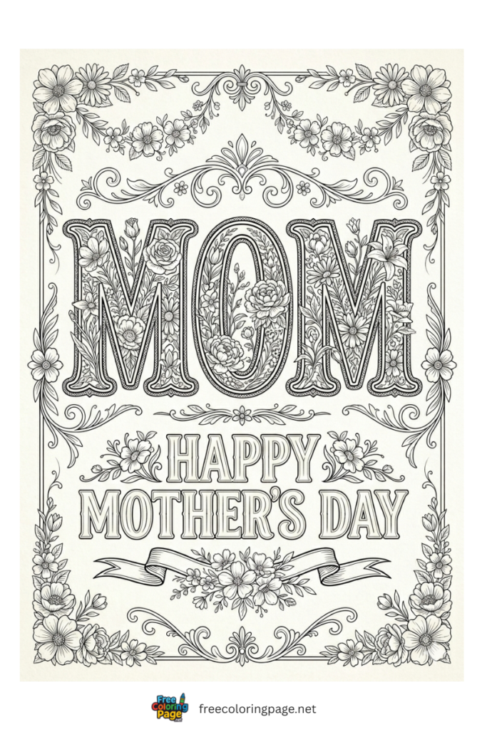 coloring page of mother's day intricate MOM design for adults