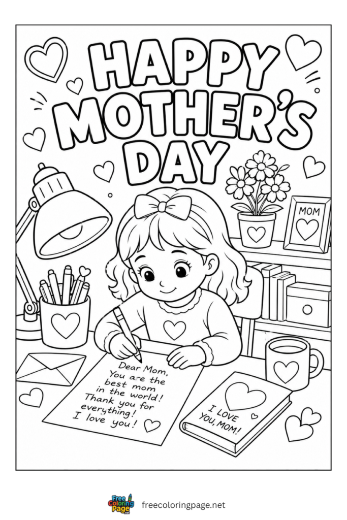 coloring page of girl writing mother's day wish