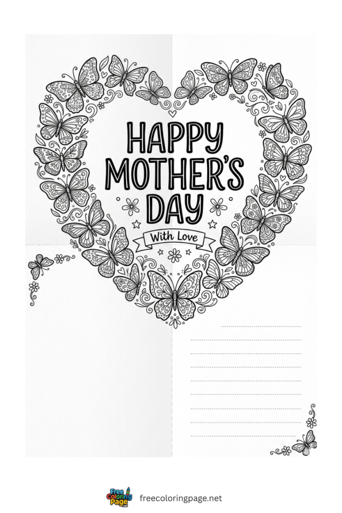 coloring page of mother's day card heart decorated with butterflies