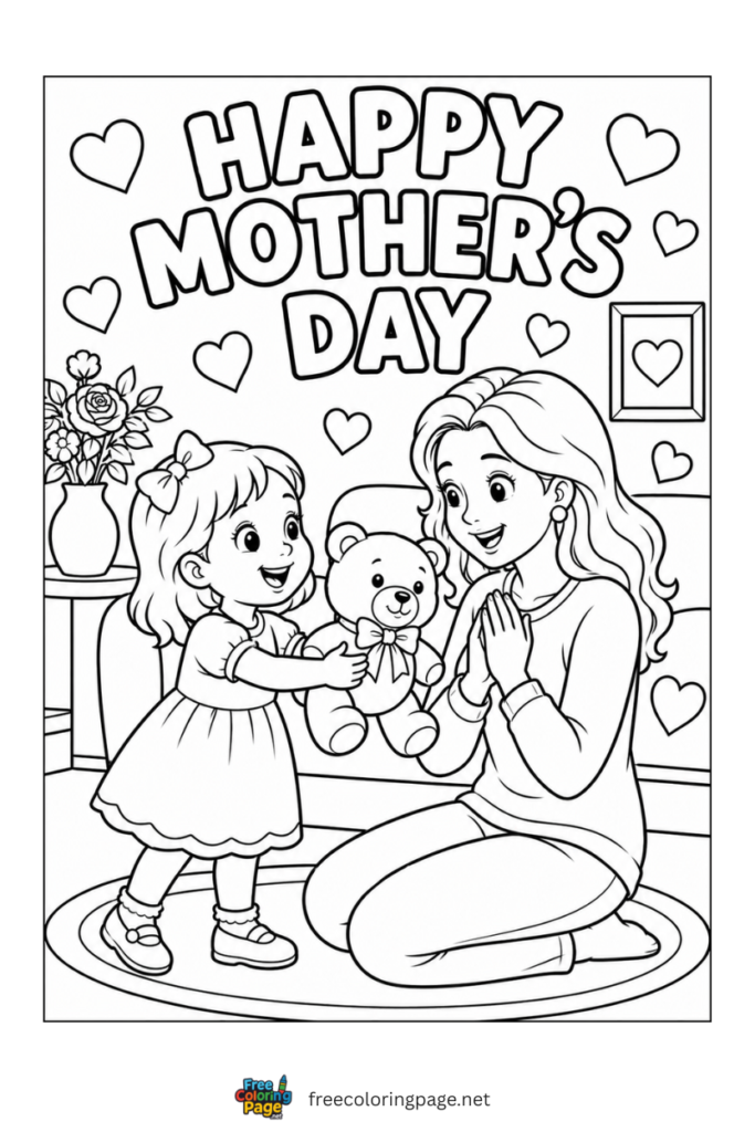 coloring page of mother's day  wishing with teddy bear