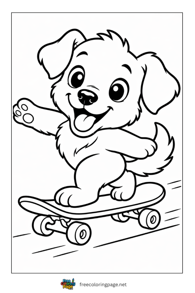 coloring page of puppy riding skateboard