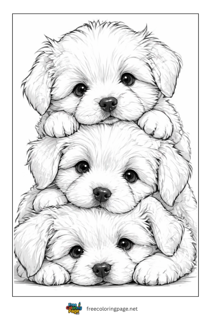 coloring page of real puppies stacked each other