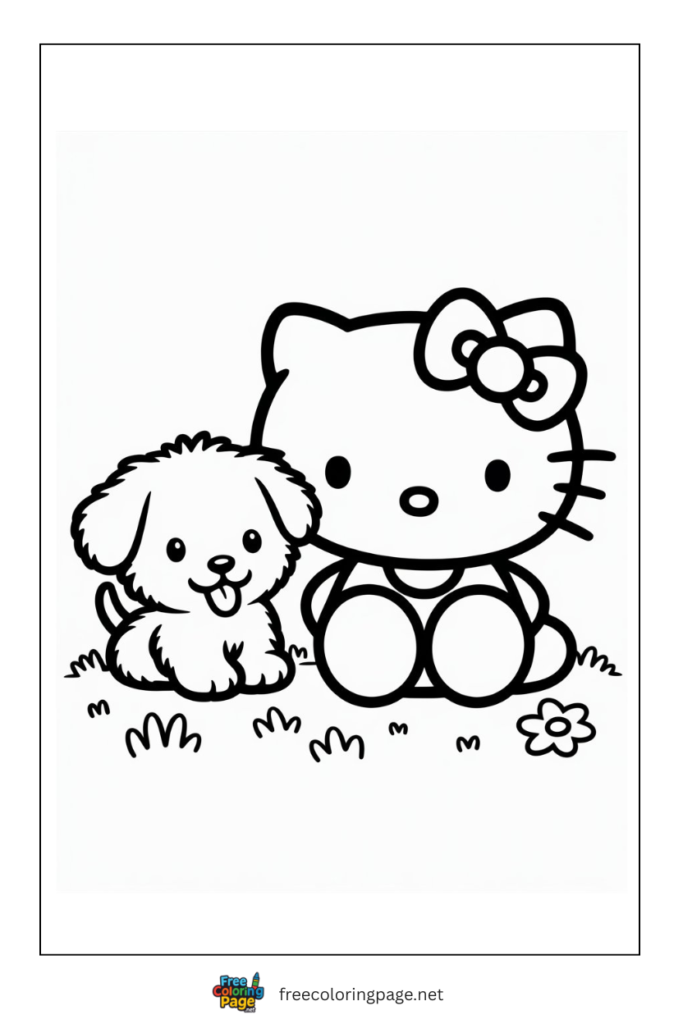 coloring page of puppy with hello kitty