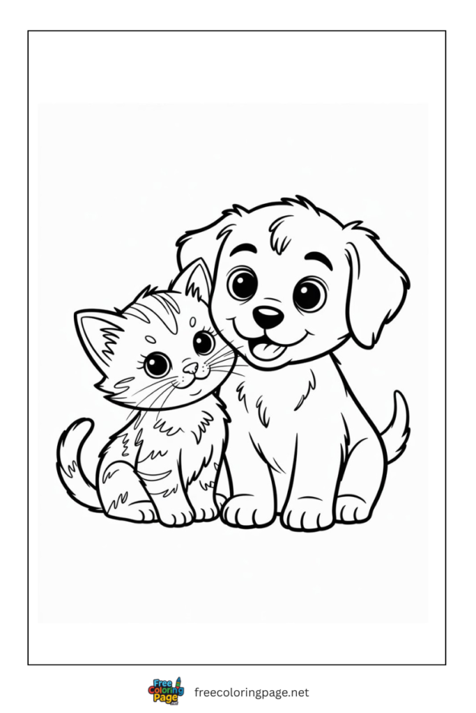 coloring page of kitten and puppy happy together