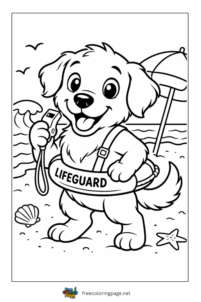 coloring page of puppy as lifeguard