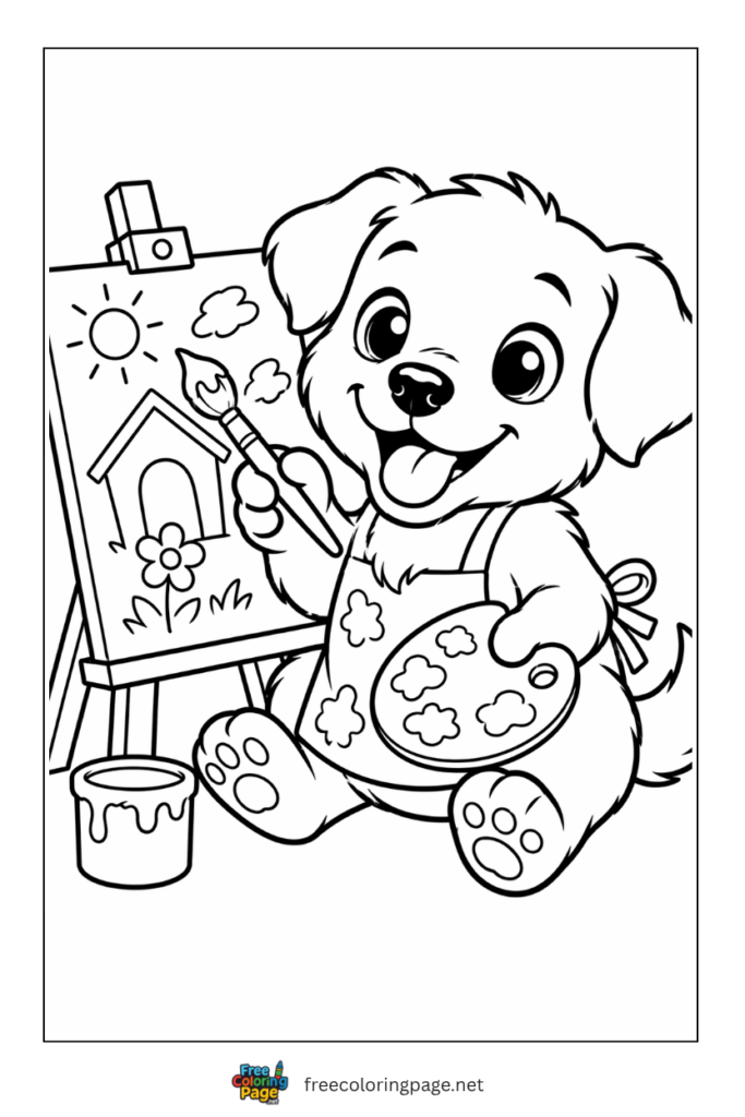 coloring page of puppy making painting