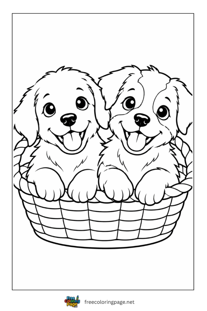 coloring page of puppy pals in a basket