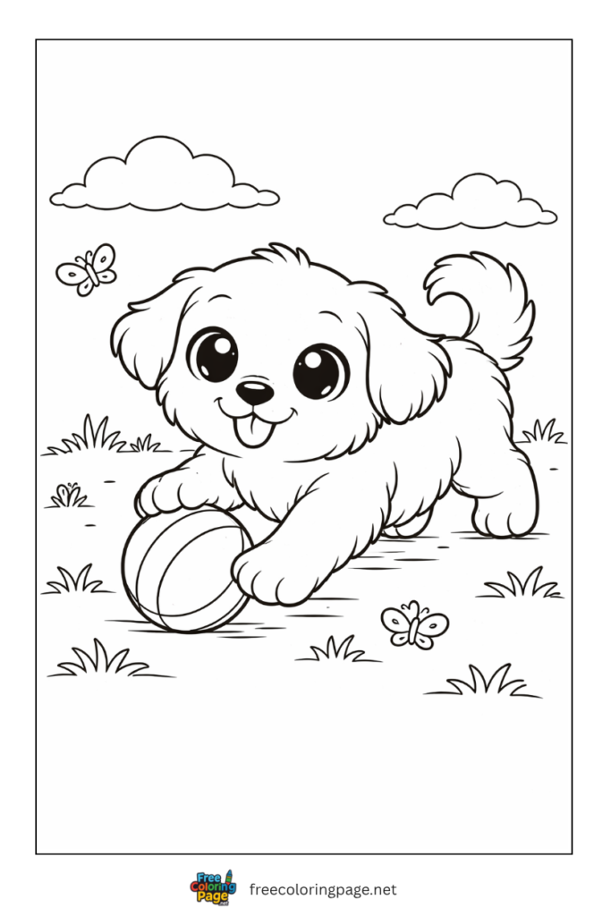 coloring page of puppy playing with ball
