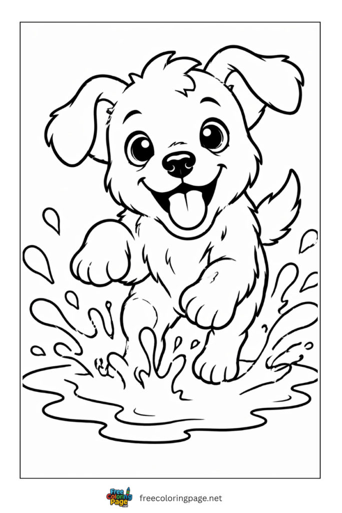 coloring page of puppy making water splashes