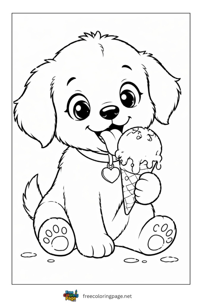 coloring page of puppy eating ice cream