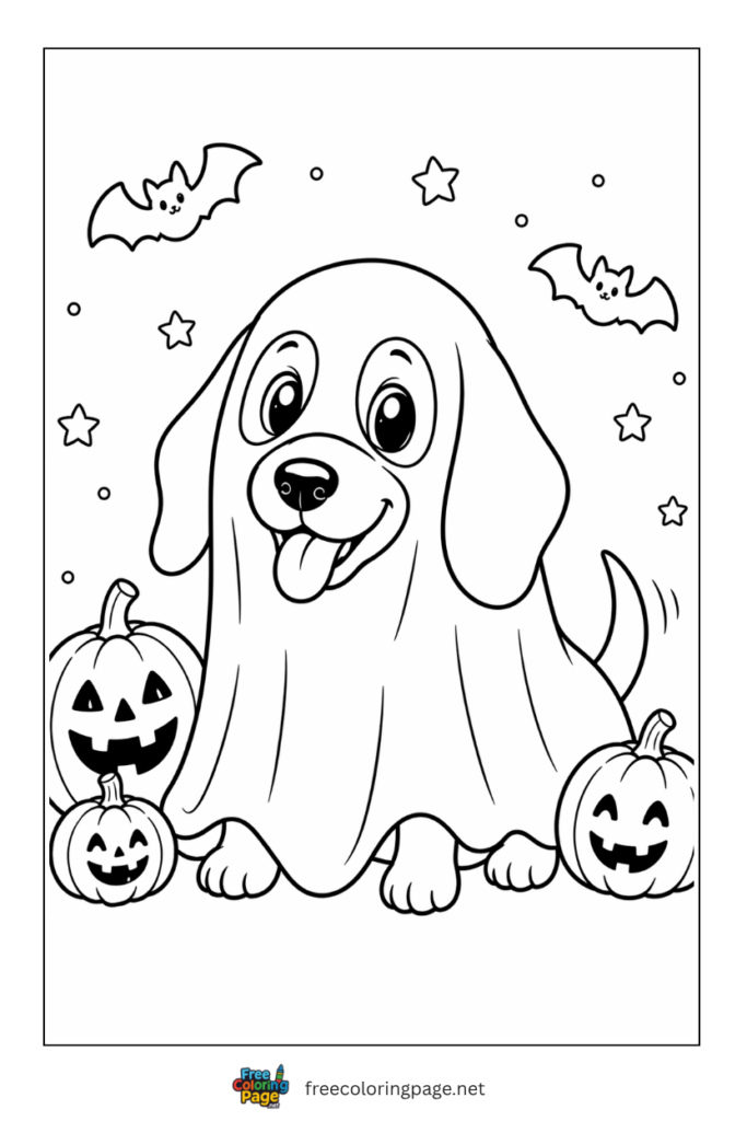 coloring page of halloween puppy in ghost costume