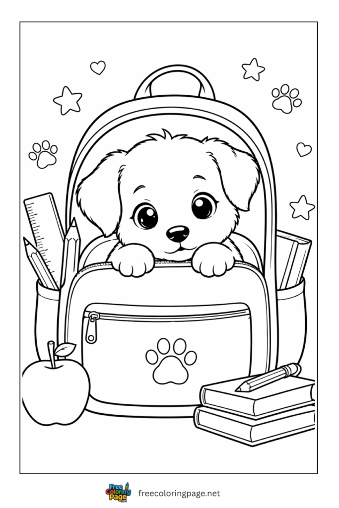 coloring page of puppy in bagpack