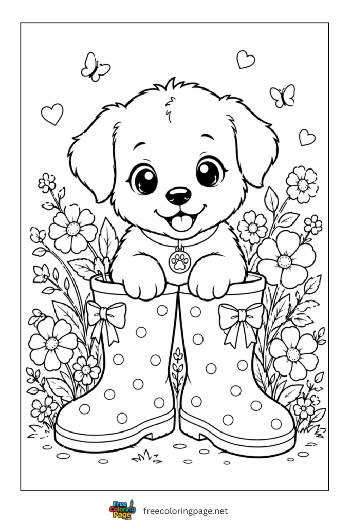 coloring page of puppy in summer rainboots