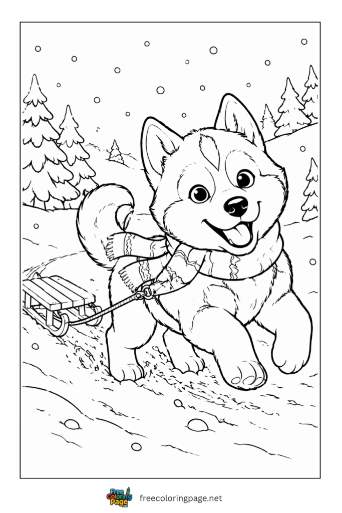 coloring page of puppy in winter