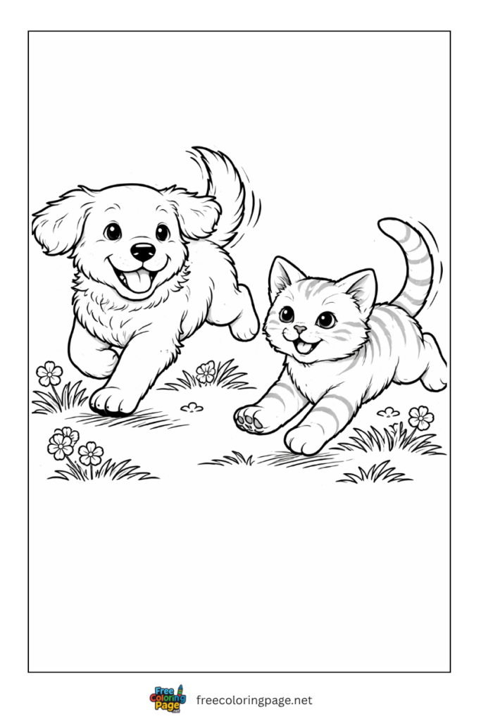 coloring page of puppy and kitten running together