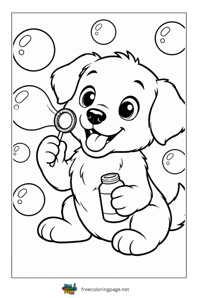 coloring page of puppy making bubbles