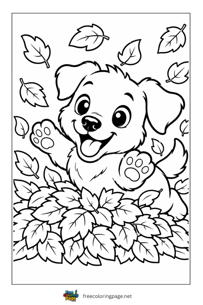 coloring page of puppy playing with leaves