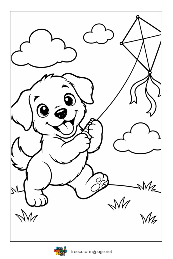 coloring page of puppy flying kite