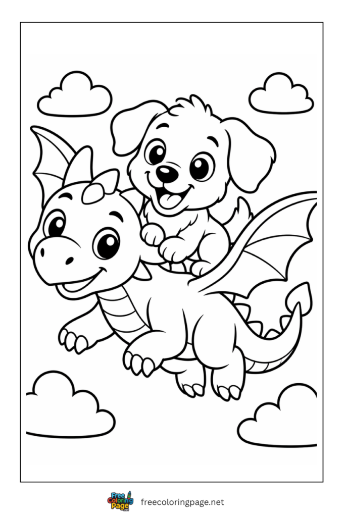 coloring page of puppy riding dragon