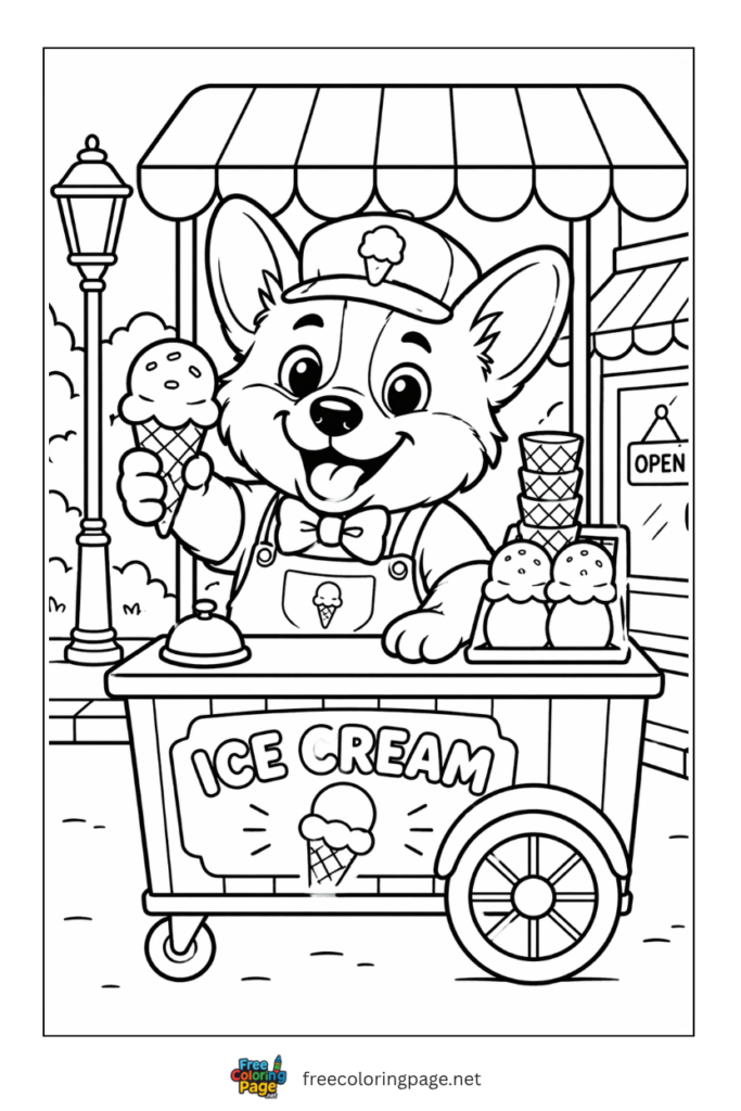 coloring page of puppy selling ice cream