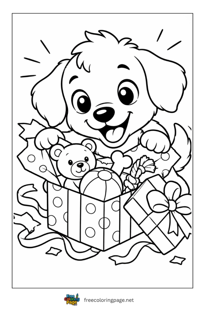 coloring page of puppy oppening birthday gifts