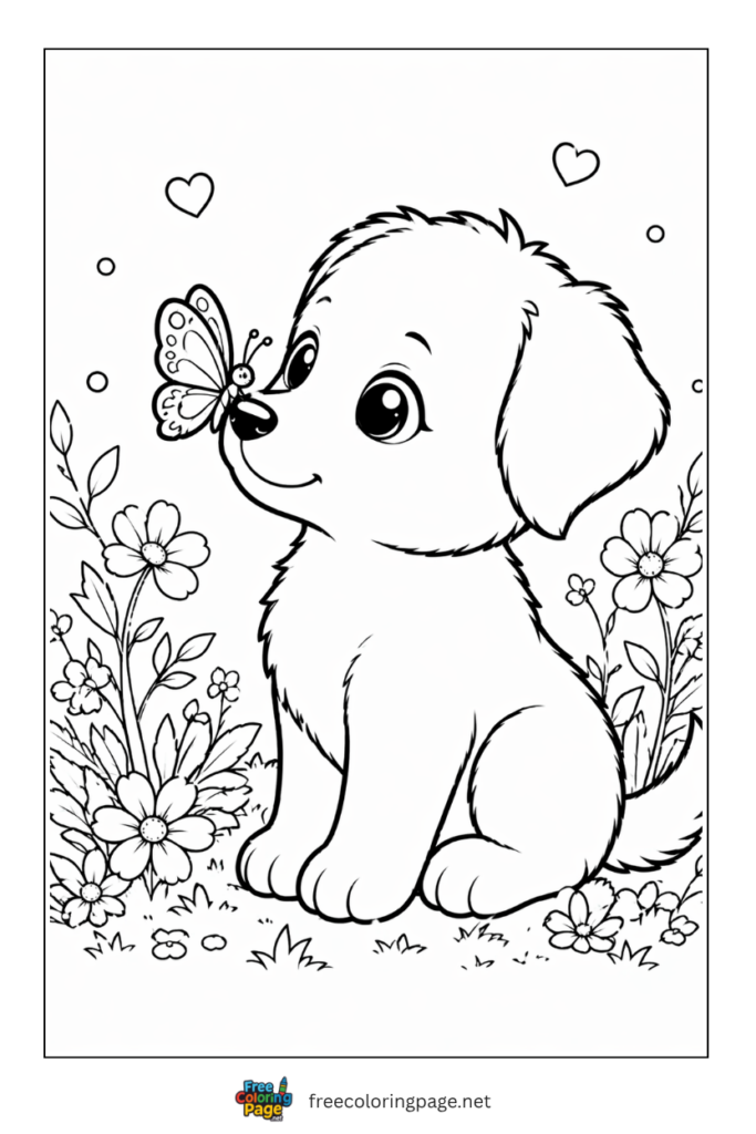 coloring page of puppy with cute friend butterfly
