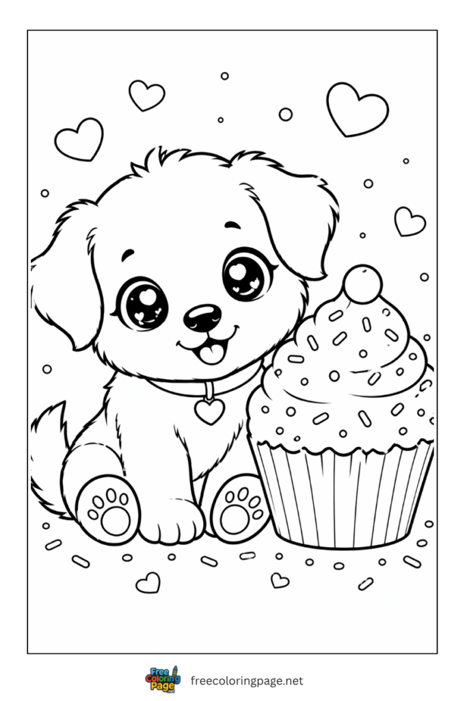 coloring page of puppy with cupcake