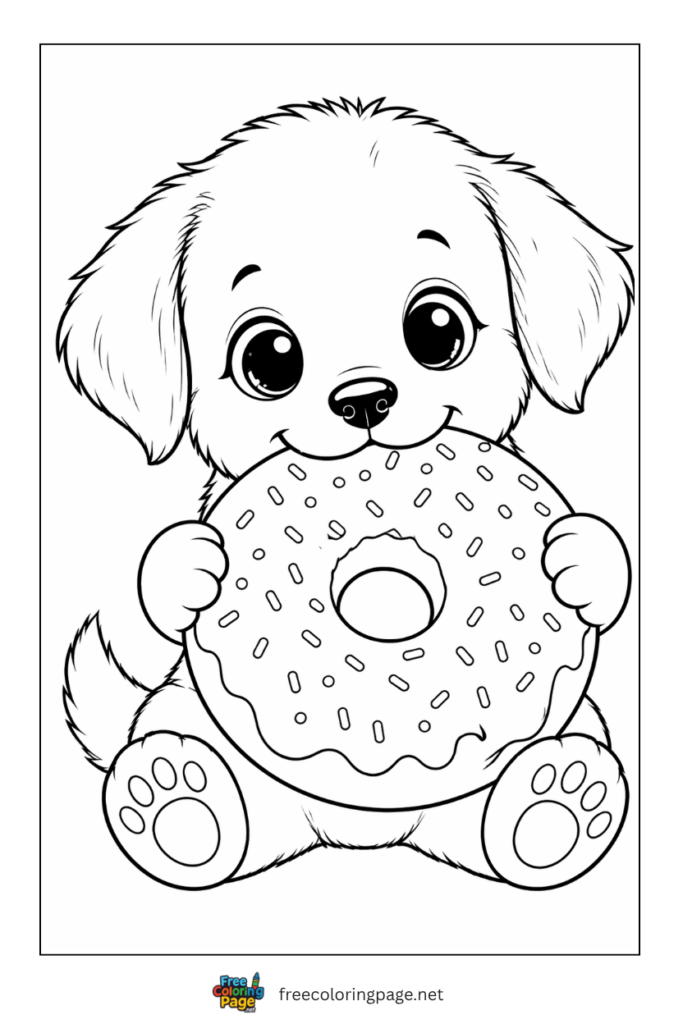 coloring page of puppy with big donut