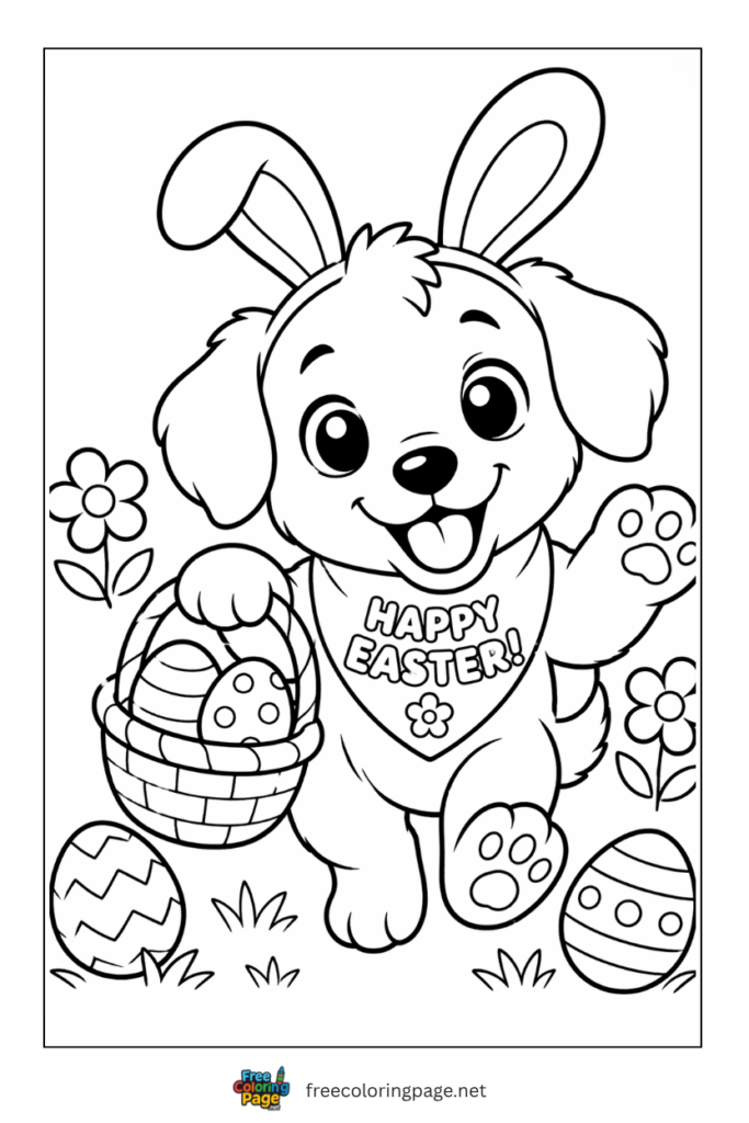 coloring page of puppy with easter eggs