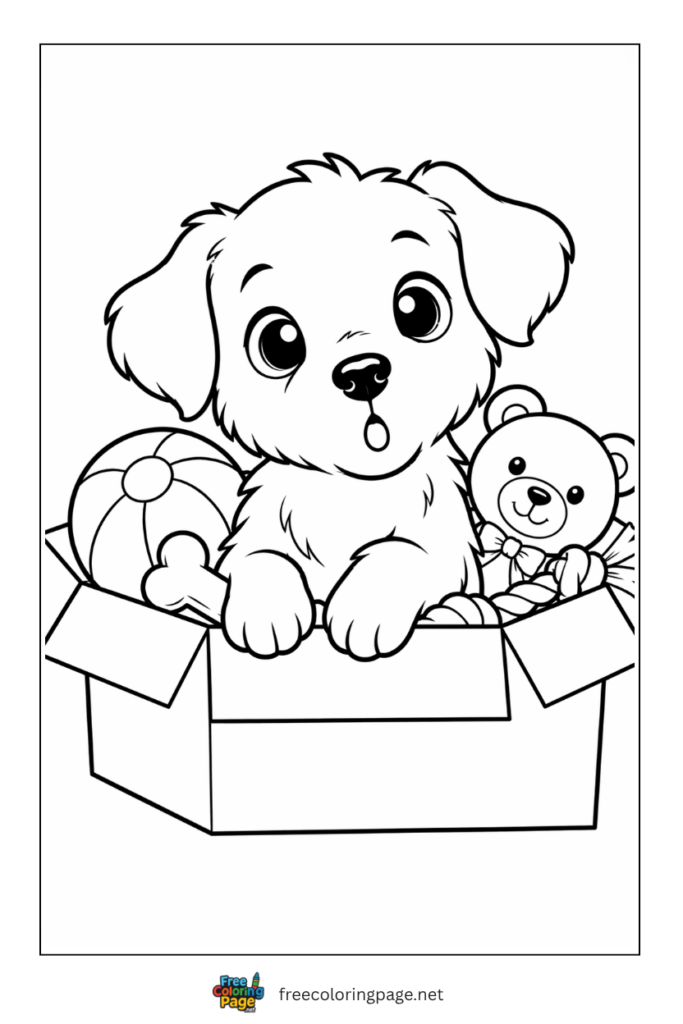coloring page of puppy in toy box
