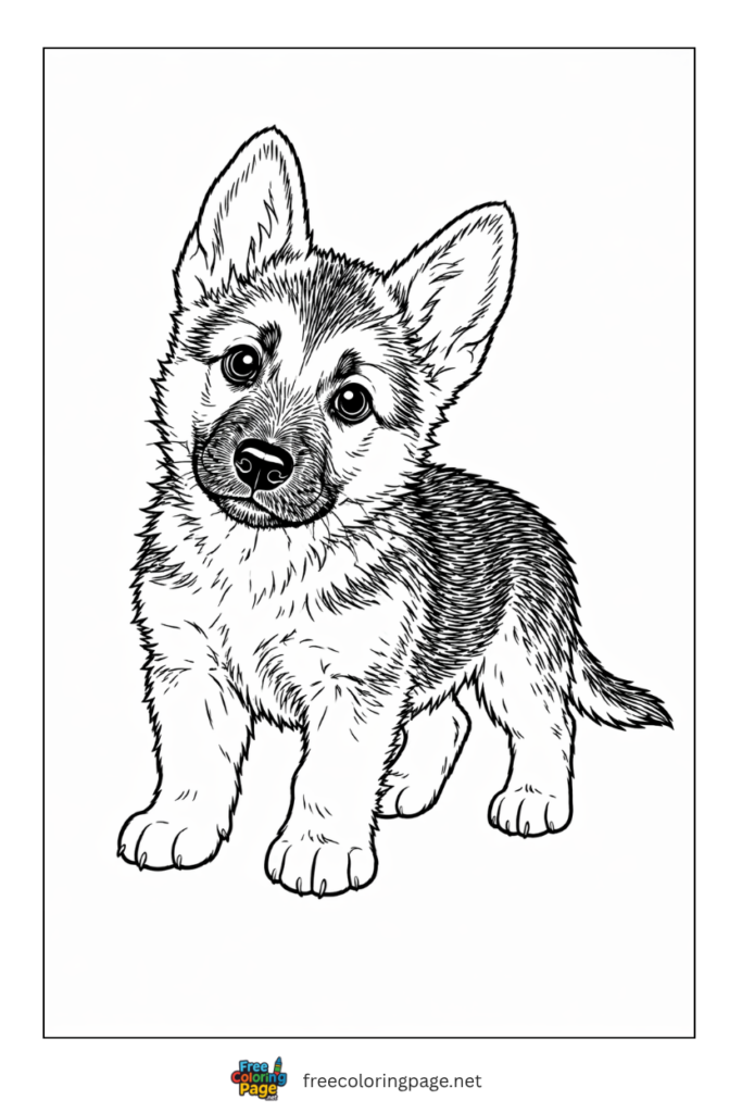 coloring page of realistic german shephered puppy