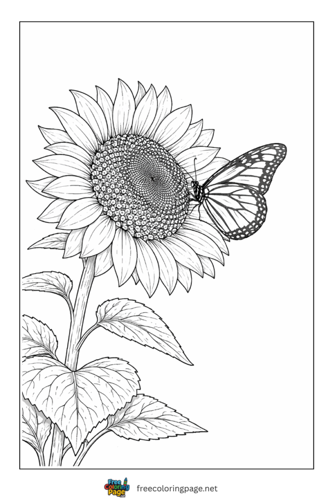 coloring page of butterfly and sunflower