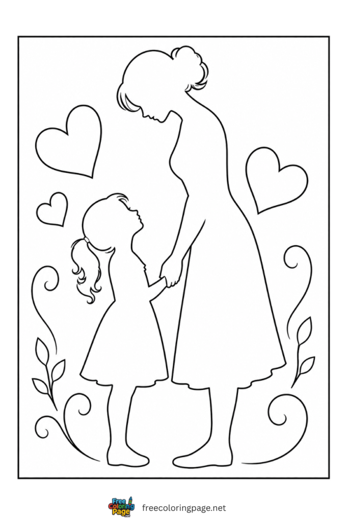 coloring page of mother and daughter silhouette
