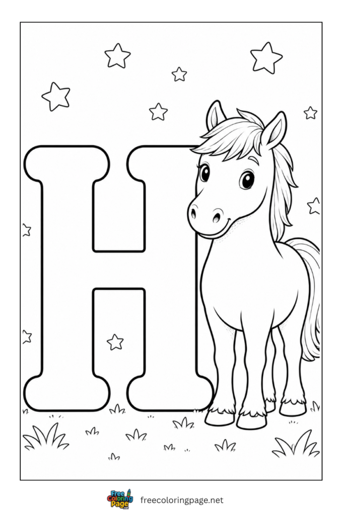 coloring page of H letter and horse