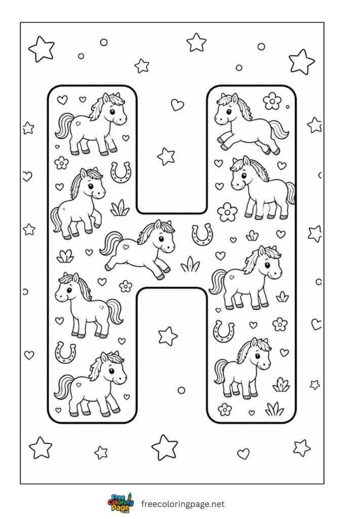 coloring page of Big H letter decorated with horse doodle
