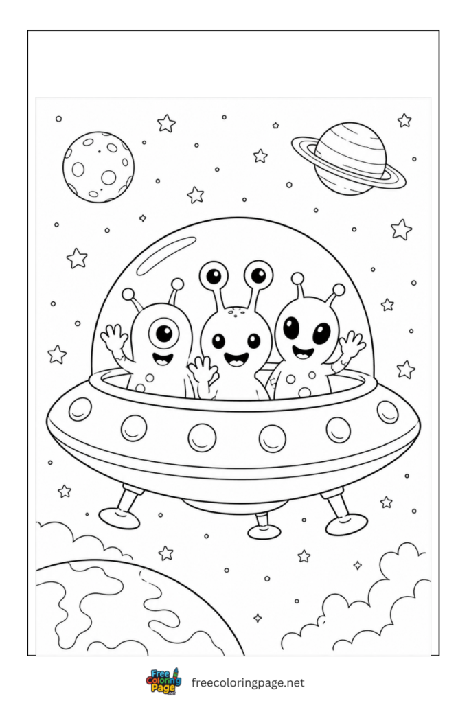 coloring page of aliens in UFO leaving earth