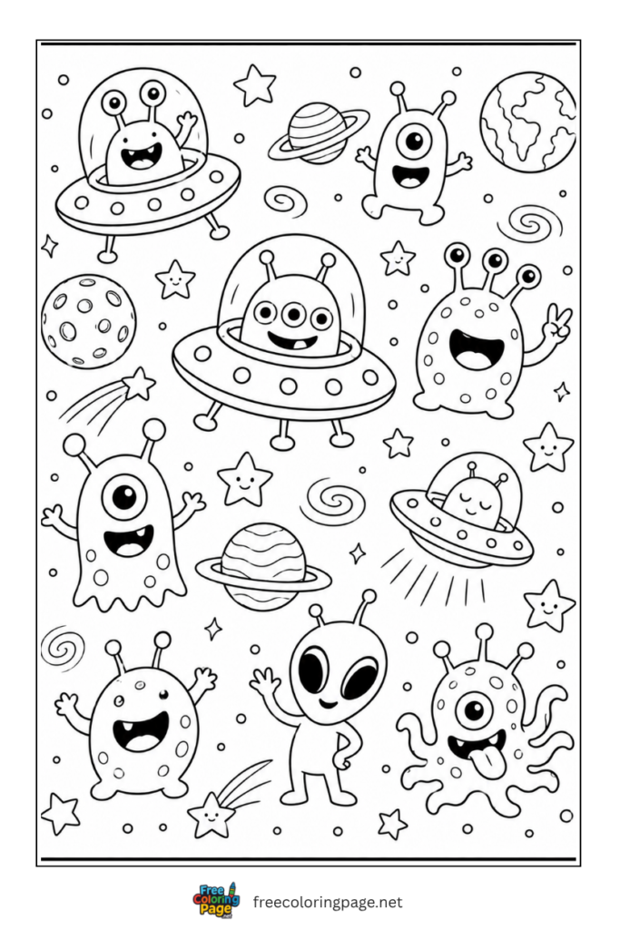 coloring page of space aliens doodle