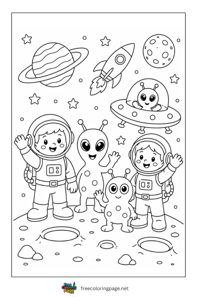 coloring page of aliens and humans together
