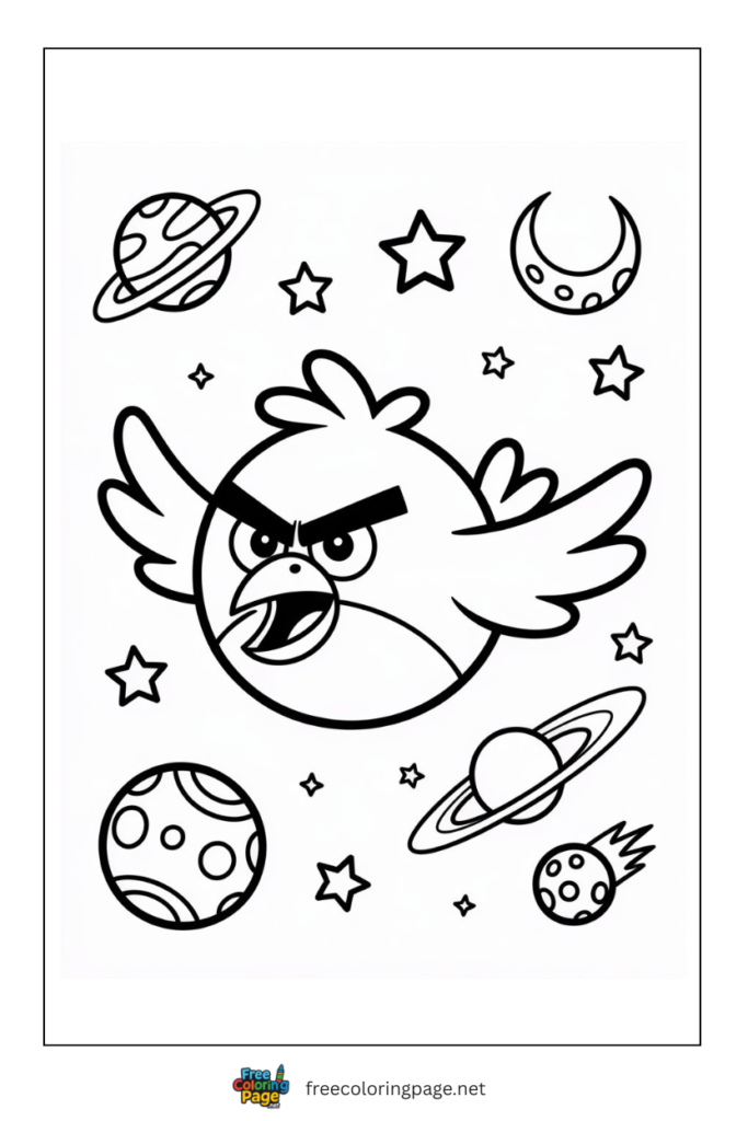 coloring page of angry bird flying in space